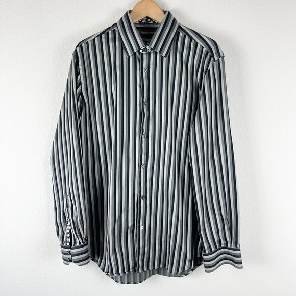 Robert Graham Shirt Mens Large L/XL Gray Flip Cuff Striped Cotton Button Up - Picture 1 of 15